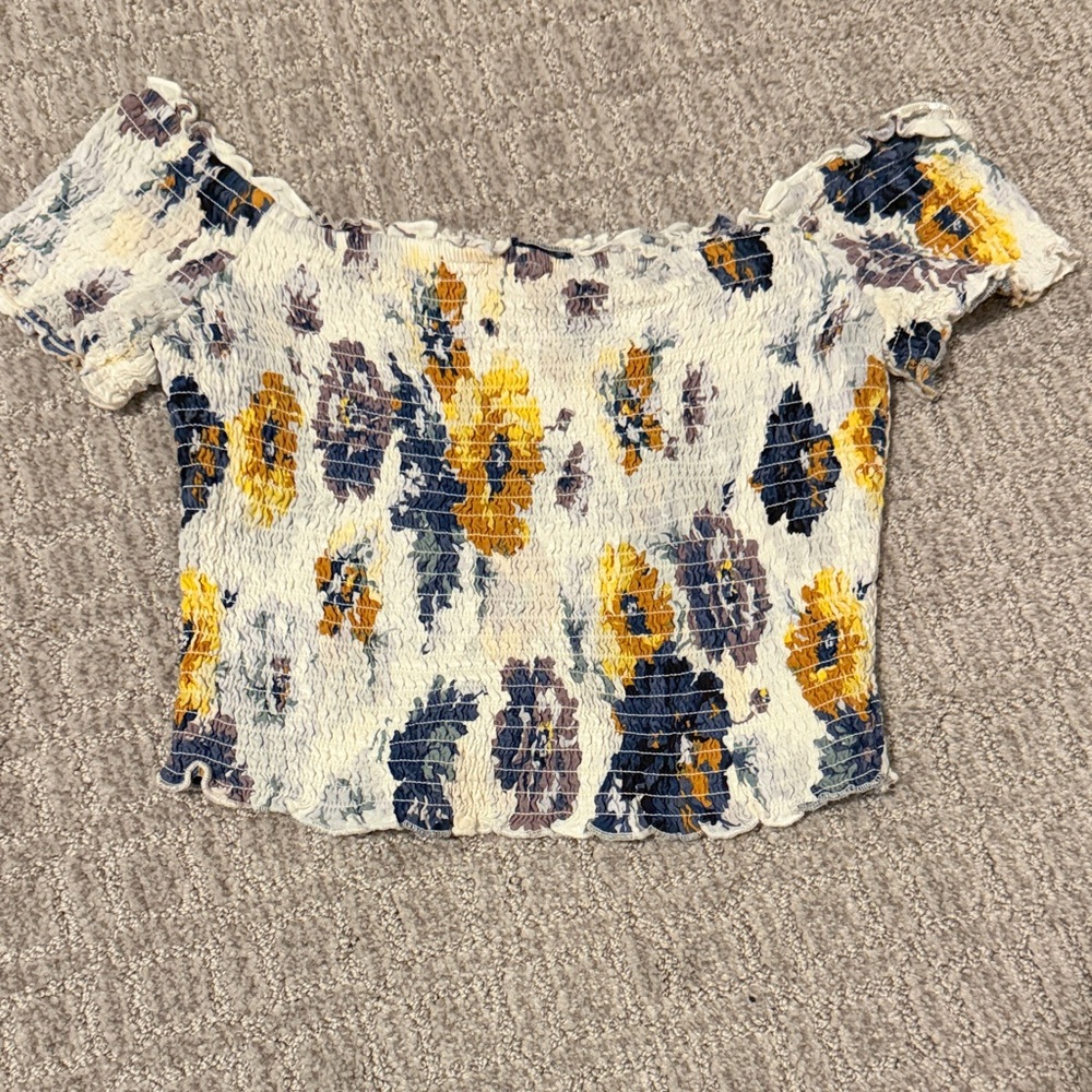 Smocked Off-Shoulder Floral Crop Top - White / Yellow / Navy